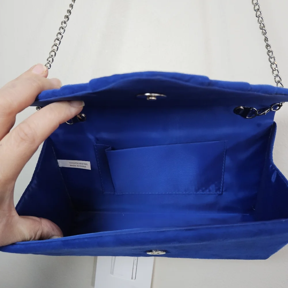 Women's Evening Bag Pleated Envelope Clutch Royal Blue Silver Chain
